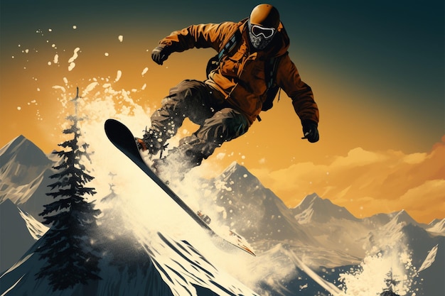 Il poster mostra il salto epico degli snowboardisti sullo sfondo di una maestosa montagna