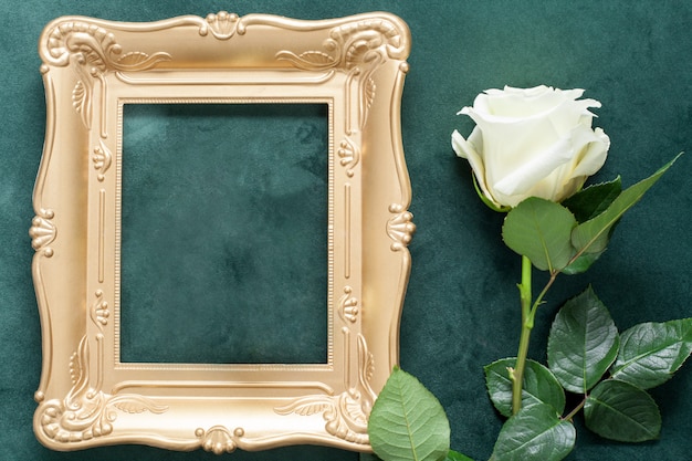 Il posto per il testo in una cornice d'oro, decorato con una rosa bianca, si trova sul velluto verde.