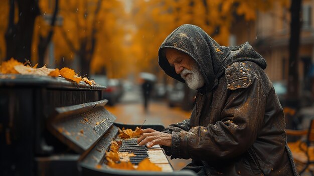 Il povero uomo suona il pianoforte per strada le sue melodie si intrecciano attraverso la città vivace evocando l'empatia