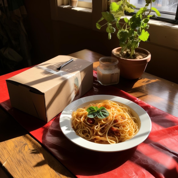 Il pranzo perfetto di pasta un tavolo impostato per un delizioso pasto con ingredienti confezionati e un misterioso