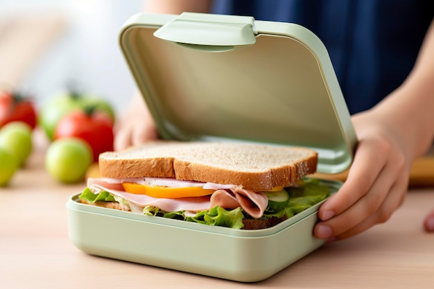 Il pranzo sano per la scuola dei bambini conserva in un portapranzo un gustoso panino