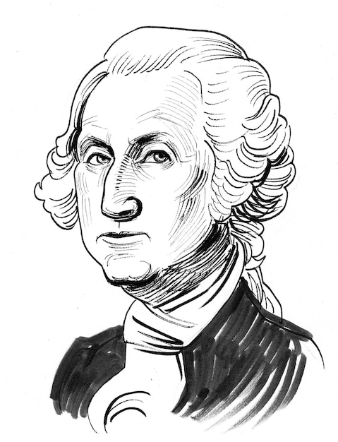 Il presidente americano George Washington. Disegno a inchiostro in bianco e nero