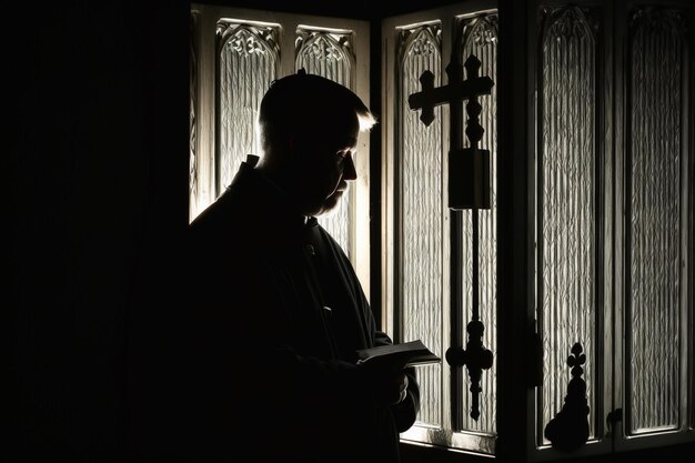 Il prete assolve il parrocchiano nel confessionale della chiesa Fede religione conforto pastore cattolico in tonaca che tiene la croce nella cabina Bibbia e ascolta la confessione