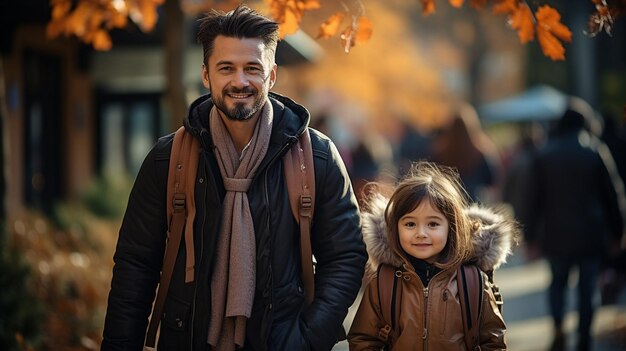 Il primo giorno di lezione un padre cammina con un giovane di prima elementare