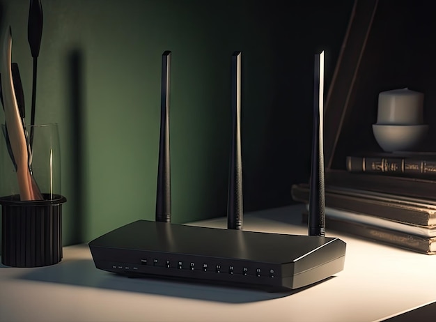 Il primo piano di un impianto di router a banda larga in vaso viene posizionato sul router con uno sfondo sfocato