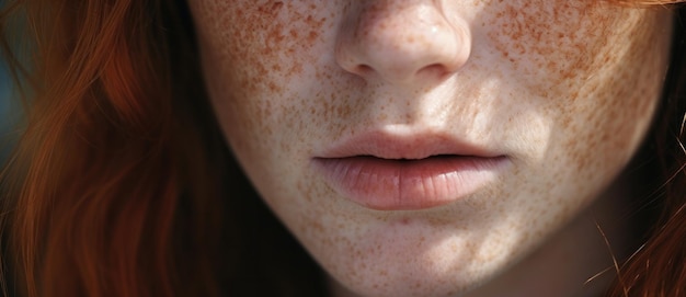 Il primo piano di un viso freccato di una donna le sue labbra si separavano dolcemente una narrativa silenziosa di bellezza naturale e contemplazione tranquilla