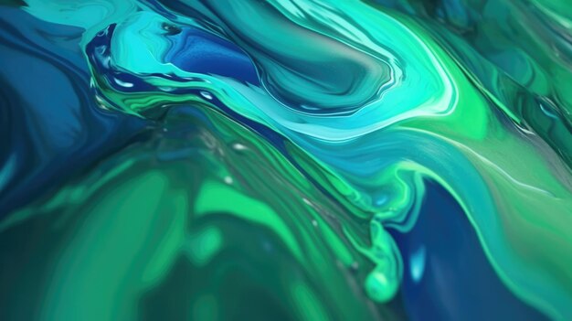 Il primo piano di una superficie liquida lucida astratta nei colori blu e verde freddi con un'illustrazione 3D a fuoco morbido di esuberante