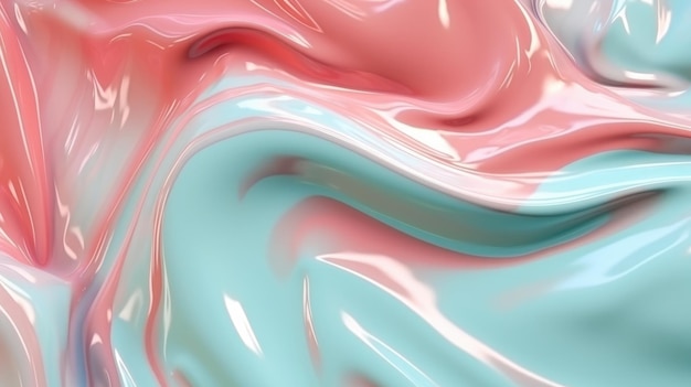 Il primo piano di una superficie liquida lucida astratta nei colori blush rosa polvere e verde menta in stile pastello con un'illustrazione 3D soft focus di esuberante