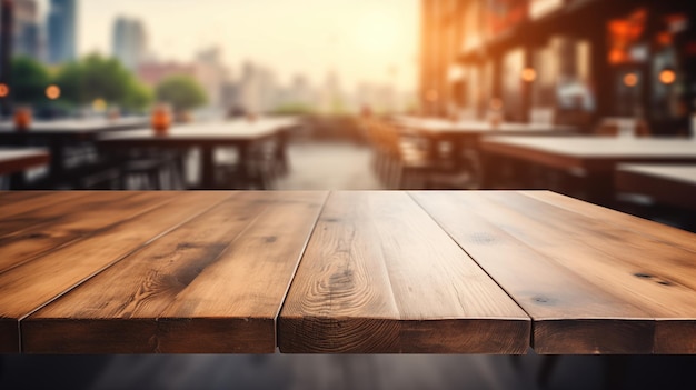 Il primo piano vuoto della superficie del tavolo in legno sfoca il bar ristorante o il negozio al dettaglio, le luci interne del bokeh dello sfondo
