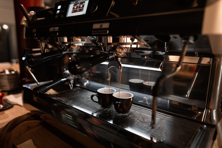 Foto il processo di preparazione del caffè con una macchina per caffè espresso
