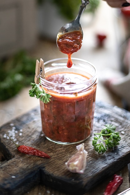Il processo di preparazione della salsa di pomodoro rosso caldo.