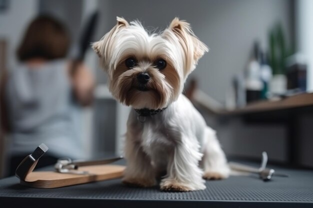 Il processo di taglio dei capelli piccolo cane si siede sul tavolo cane con un professionista