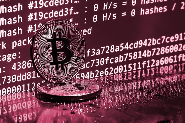 Il processo digitale di mining di criptovaluta utilizzando le GPU Bitcoin e la scheda video su un display funzionante Immagine tonica nel colore Viva Magenta dell'anno 2023