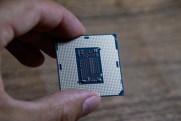 Il processore è un computer desktop in mano Ispezionare i contatti della CPU prima dell'installazione