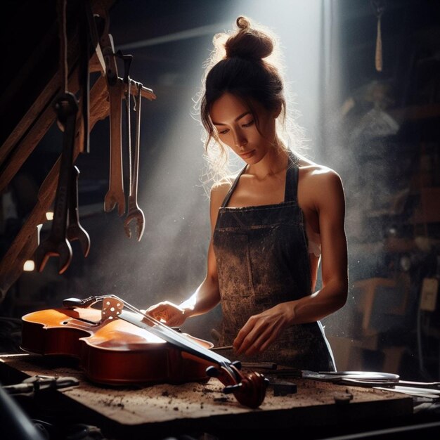 il produttore artigiano ripara un violino in un laboratorio buio