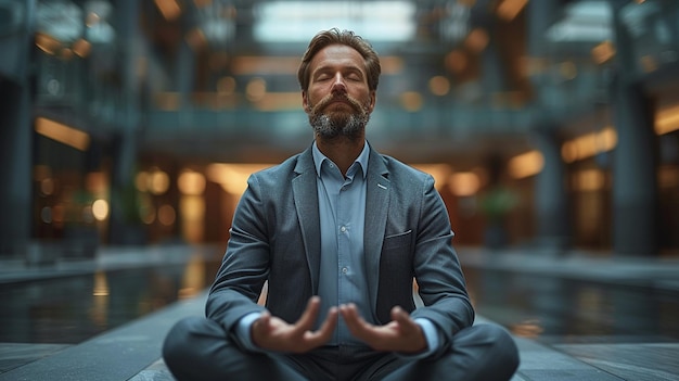 Il professionista d'affari trova lo zen con la meditazione in ufficio