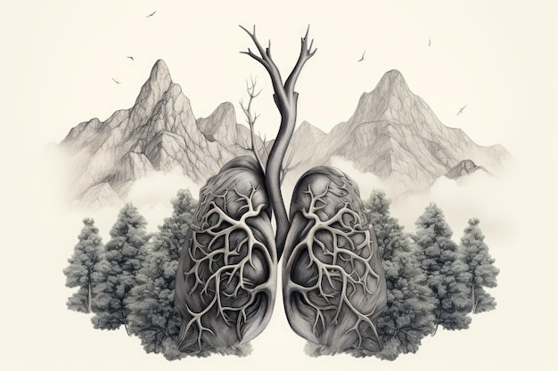 Il profilo dei polmoni contrasta con uno scenario montano che simboleggia il ruolo essenziale degli alberi