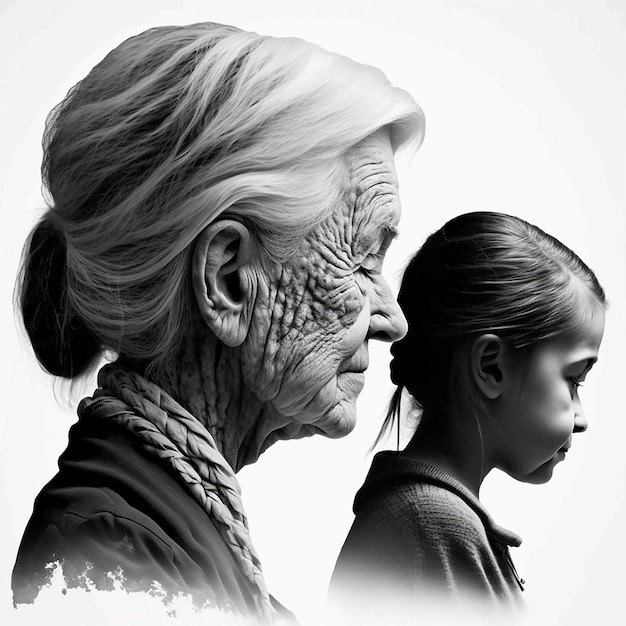 Il profilo di una donna anziana e una bambina guardano nella stessa direzione Il concetto di vita rapida