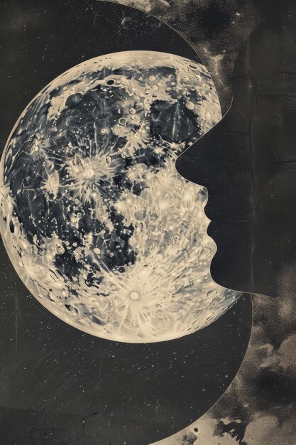 Il profilo lunare modello a mezza tonalità pittura collage multimediale altamente tessuta