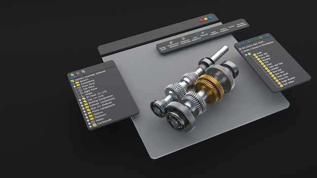 Il progettista ingegneristico progetta il modello software CAD 3D. rendering 3d dello schermo del computer di produzione digitale.