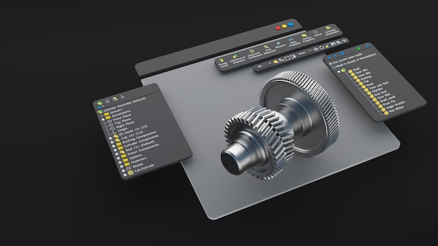 Il progettista ingegneristico progetta il modello software CAD 3D. rendering 3d dello schermo del computer di produzione digitale.