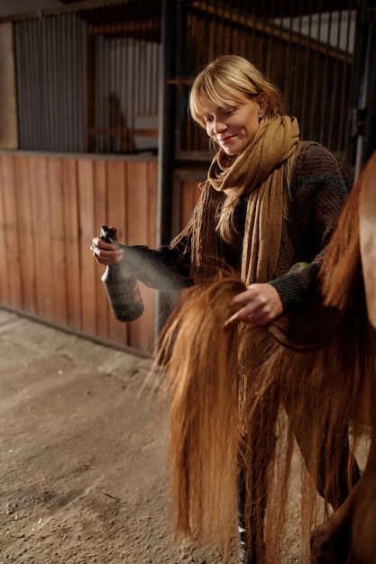 Il proprietario del cavallo spruzza lo stallone con il balsamo durante la toelettatura e la pulizia prima della guida. Prendersi cura di animali domestici nel bestiame