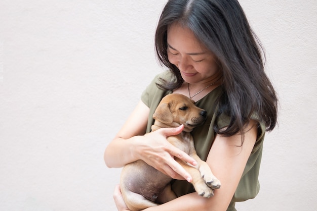 Il proprietario della ragazza della donna sta portando il piccolo cane marrone del cucciolo nelle mani con amore e cura per il concetto di amicizia con copyspace