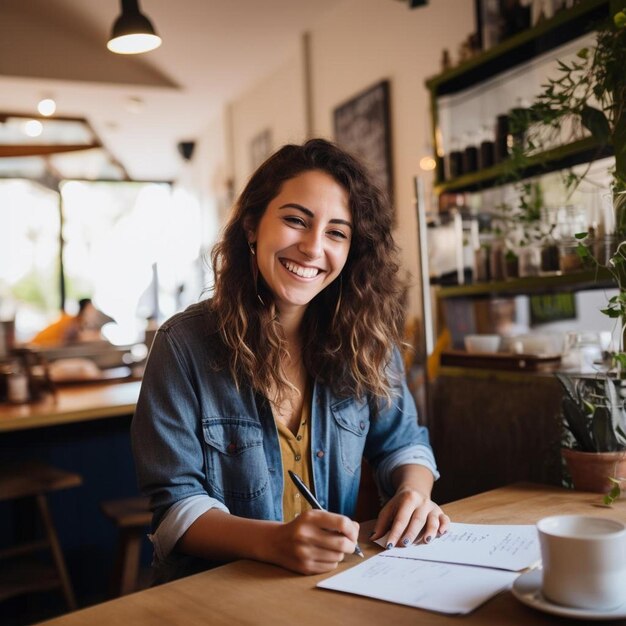 il proprietario di un caffè sorridente scrive in un diario con una penna al caffè