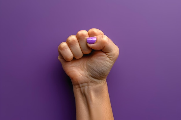 Il pugno viola sollevato di una donna per la Giornata Internazionale della Donna e il movimento femminista
