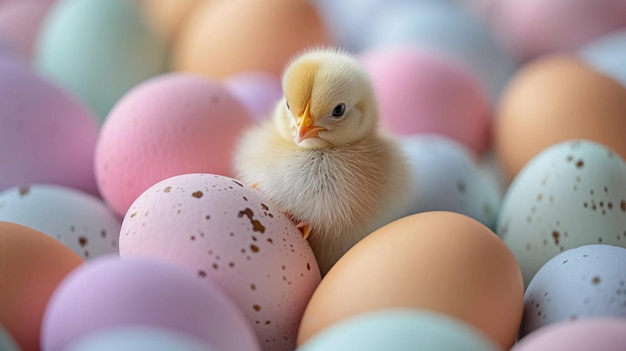 Il pulcino giallo è circondato da uova di Pasqua in tonalità pastello morbide Banner con spazio di copia AI Generato