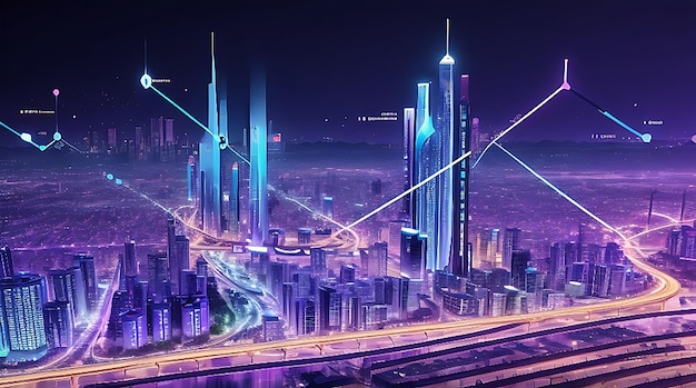Il punto di punto della città intelligente si collega con la linea del gradiente e il design estetico della linea d'onda intricata