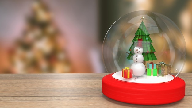 Il pupazzo di neve e l'albero di Natale nel rendering 3d della palla di vetro