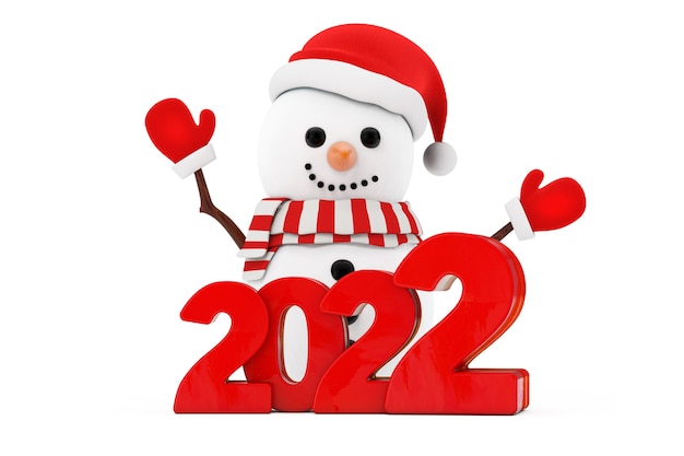 Il pupazzo di neve nella mascotte del carattere del cappello di Babbo Natale con il nuovo anno 2022 firma su un fondo bianco. Rendering 3D