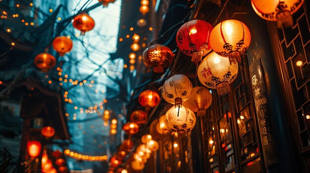 Il quartiere degli affari della città decorato con lanterne cinesi durante le celebrazioni del Capodanno cinese