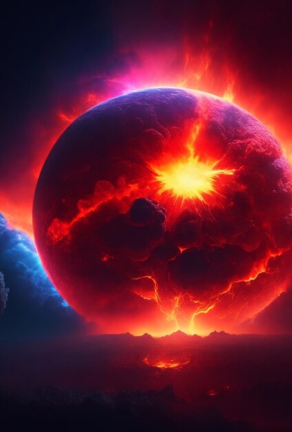 Il raccapricciante e colorato crollo del sole di Armageddon con l'esplosione della terra distrugge tutta la gigantesca tempesta rossa