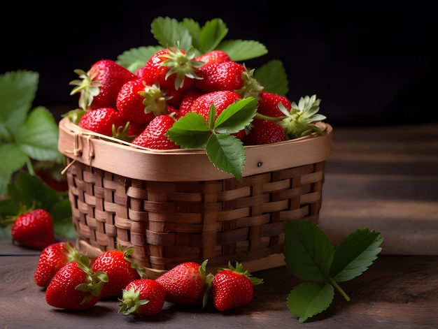 Il raccolto di fragole dolci appena raccolte in un cesto di legno