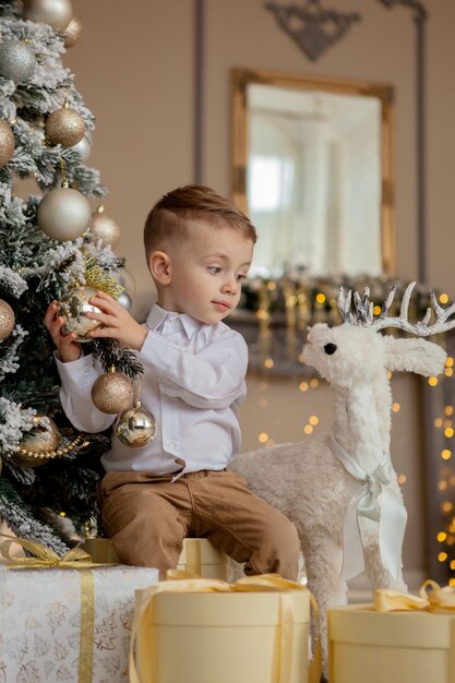 Il ragazzino decora un albero di Natale per Natale.