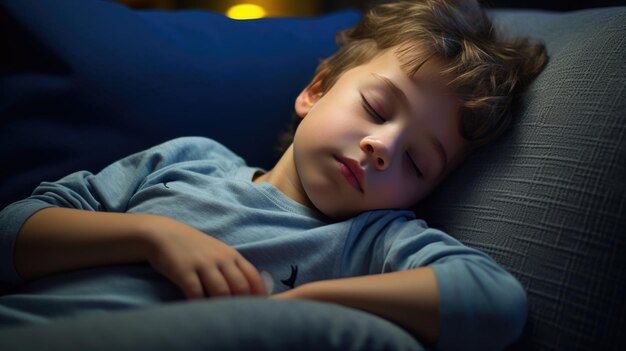 Il ragazzino dorme in un letto a casa.