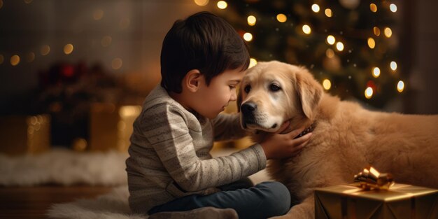 Il ragazzino e il suo cane la sera vicino all'albero di Natale