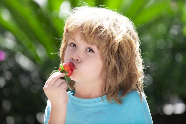 Il ragazzino felice mangia le fragole su sfondo verde estivo