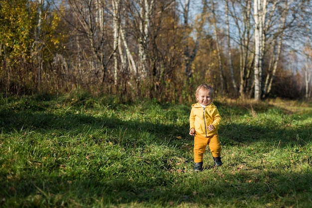 Il ragazzino impara a camminare sullo sfondo della foresta d'autunno. Autunno dorato, estate indiana.