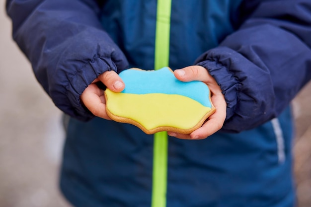 Il ragazzino patriottico tiene il biscotto simbolico ucraino blu e giallo Mock up cookie Stand con l'Ucraina Sostieni l'Ucraina Ferma il concetto di aggressione russa Ferma la guerra in Ucraina Prega per l'Ucraina