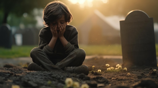Il ragazzino seduto a terra nel cimitero e che piange al tramonto il concetto di dolore e dolore
