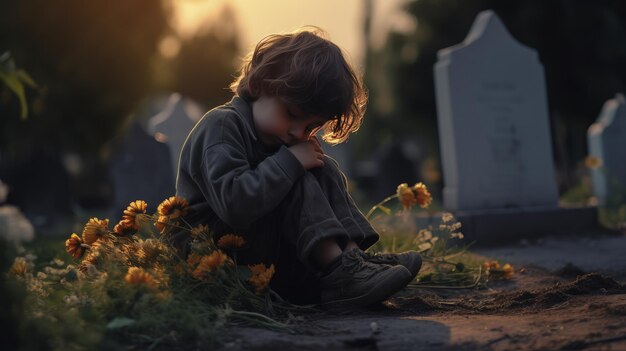 Il ragazzino seduto a terra nel cimitero e che piange al tramonto il concetto di dolore e dolore