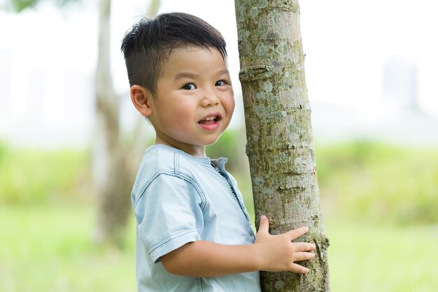 Il ragazzino si arrampica per l'albero