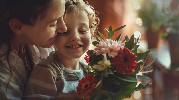 Il ragazzino sorprende la mamma con dei fiori il concetto della Festa della Madre