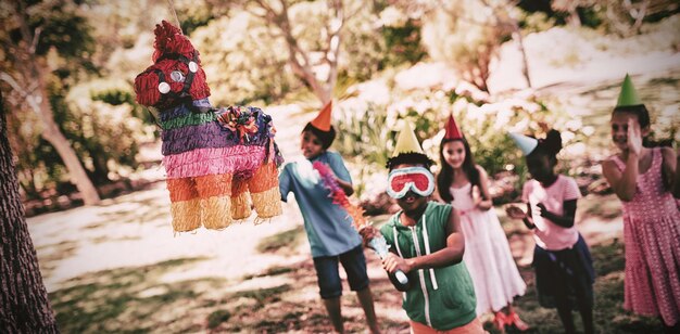 Il ragazzino sta per rompere una pinata per il suo compleanno