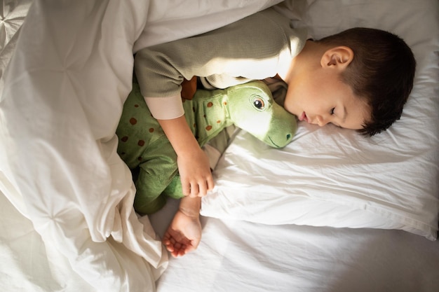 Il ragazzino stanco e carino felice si trova sul letto comfort bianco con gli occhi chiusi che abbraccia il dinosauro giocattolo che dorme nella camera da letto