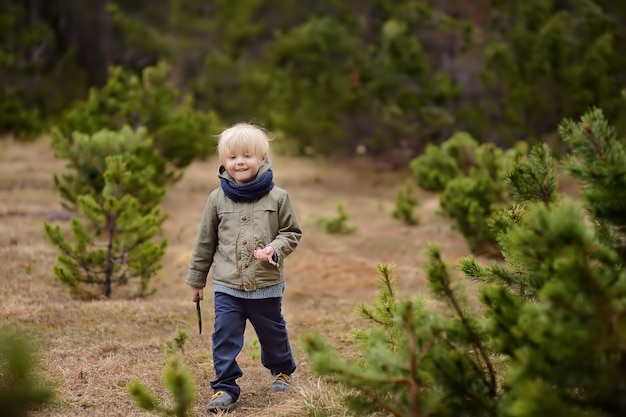 Il ragazzino sveglio cammina in parco nazionale svizzero sulla molla. Escursionismo con bambini piccoli.