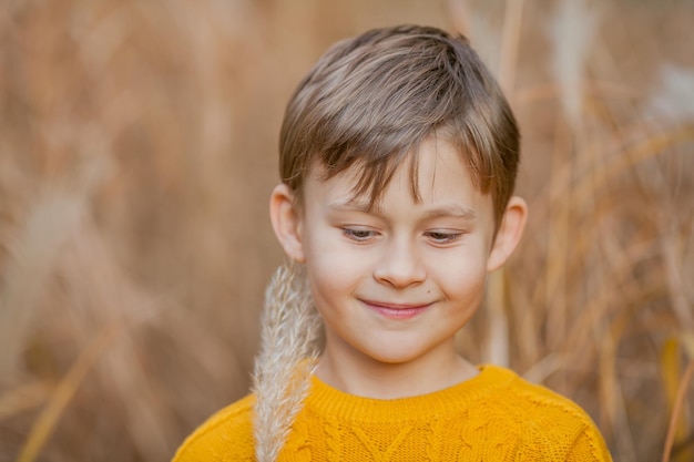 Il ragazzino sveglio di 7 anni gioca nel parco luminoso di autunno Ritratto di un bambino felice Caduta